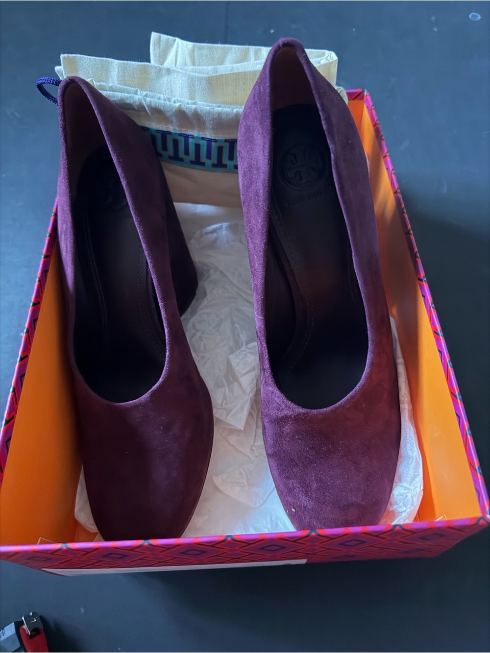 Tory Burch Plum Suede Block Heel Pumps
